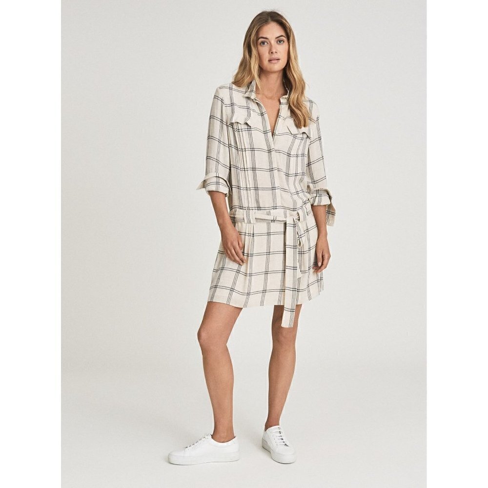 Reiss Dasha Checked Mini Shirt Dress Wool Blend Grey White Womens Size 6